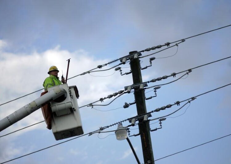 FILE PHOTO: A Florida Power & Light Company employee works on a power pole in Pembroke Pines, Florida February 26, 2008.  REUTERS/Eric Thayer