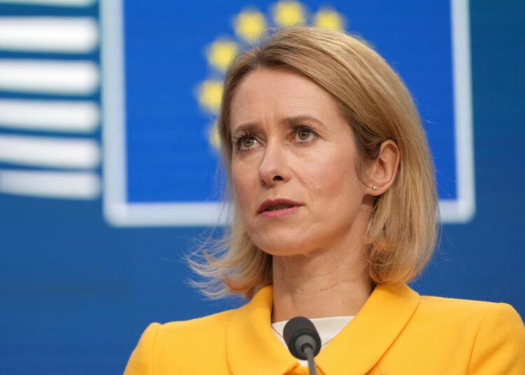 European Union foreign policy chief Kaja Kallas speaks during a media conference after a meeting of EU foreign ministers in Brussels, Monday, Feb. 24, 2025. (AP Photo/Virginia Mayo)