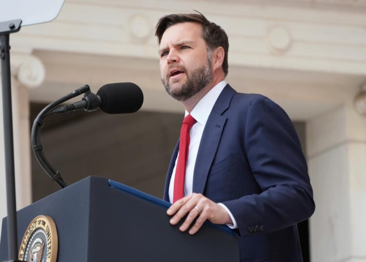 Vice President JD Vance speaks during the 157th National Memorial Day Observance at Arlington National Cemetery, Monday, May 26, 2025, in Arlington, Va. (AP Photo/Jacquelyn Martin)