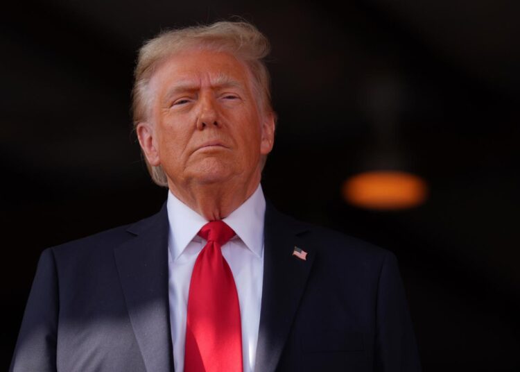 Republican presidential nominee former President Donald Trump arrives at a campaign rally at Gastonia Municipal Airport, Saturday, Nov. 2, 2024, in Gastonia, N.C. (AP Photo/Evan Vucci)