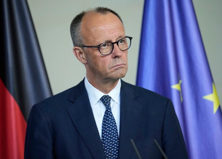 German Chancellor Friedrich Merz attends a joint press conference with Secretary-General of the United Nations Antonio Guterres in the chancellory in Berlin, Germany, Wednesday, May 14, 2025. (AP Photo/Ebrahim Noroozi)