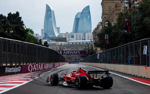 BAKU, AZERBAIJAN - APRIL 30: Charles Leclerc of Monaco driving the (16) Ferrari SF-23 on track during the F1 Grand Prix of Azerbaijan at Baku City Circuit on April 30, 2023 in Baku, Azerbaijan. (Photo by Bryn Lennon - Formula 1/Formula 1 via Getty Images)